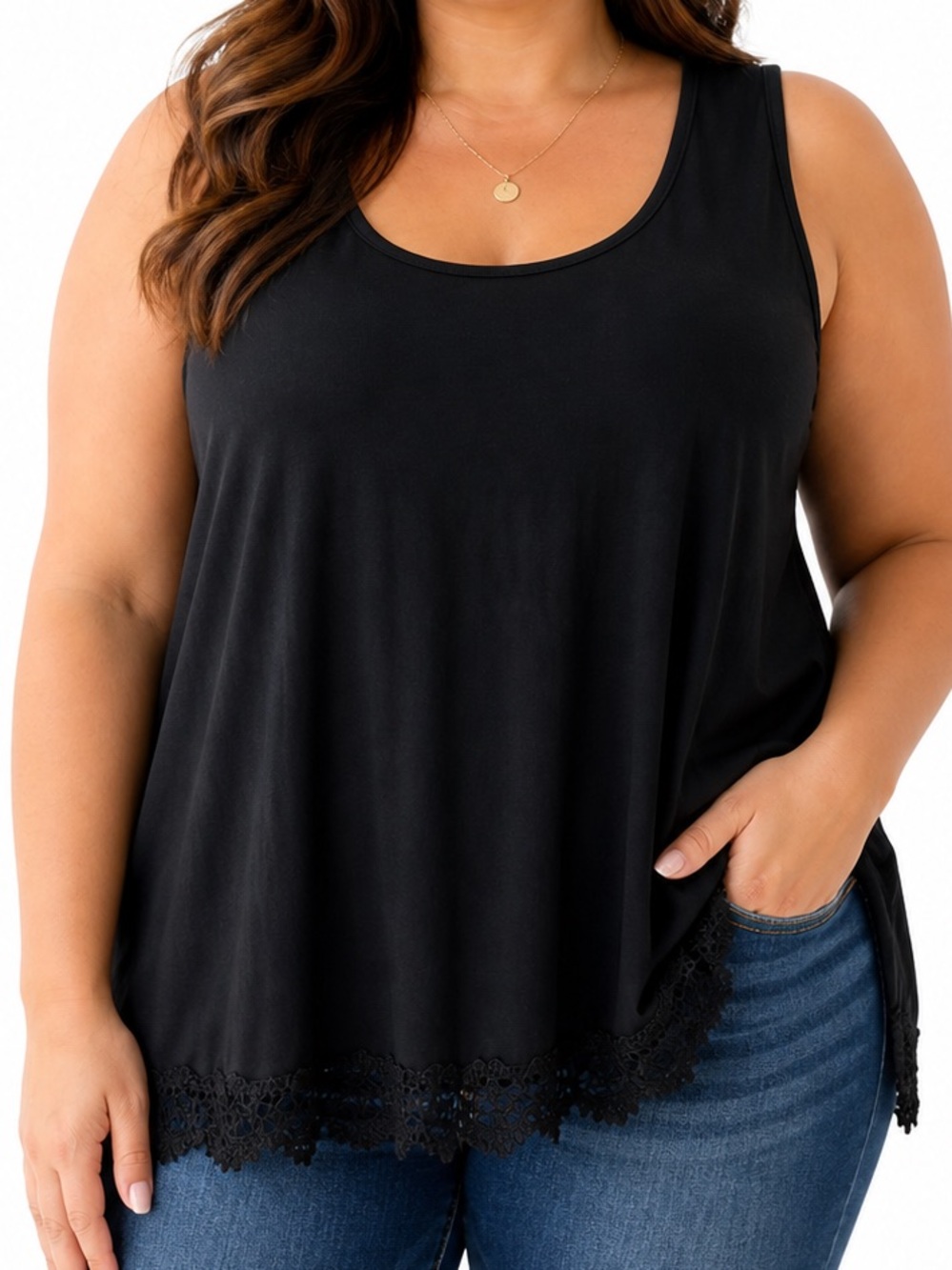 Womens Black Scoop Neck Lace Hem Tank Top Boho Chic Romantic Basic